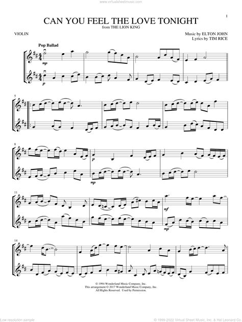 Can You Feel The Love Tonight From The Lion King Sheet Music For Two Violins Duets Violin Duets