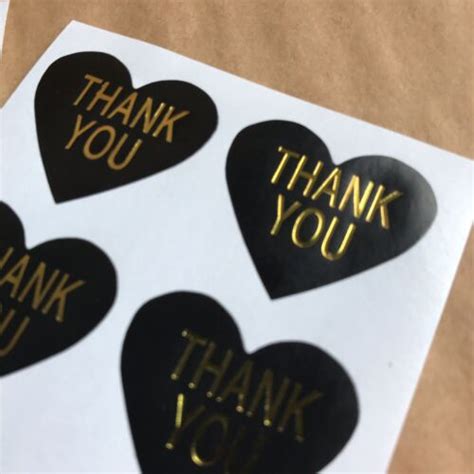 30 Heart Shaped Thank You Stickers On Glossy Black Paper With Gold