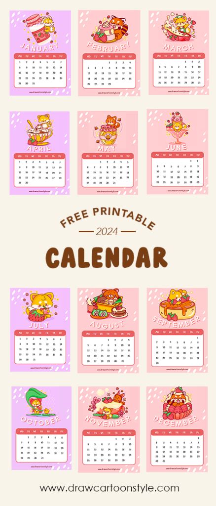 Kawaii 2024 Calendar Free Printable Monthly Calendar Draw Cartoon