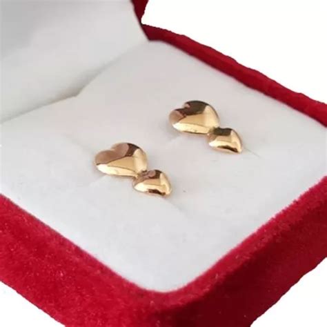 Aros Doble Corazón Vertical Oro 18 Kilates 18k Cuotas sin interés