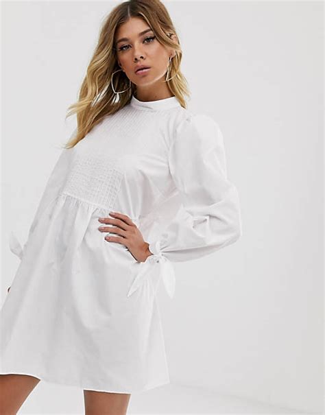 Asos Design Cotton Mini Smock Dress With Pin Tucks And Tie Sleeves Asos