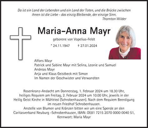 Traueranzeigen Von Maria Anna Mayr SZ Gedenken De