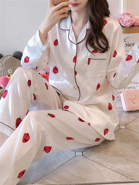 Romwe Strawberry Print Button Up Pajama Set Print Strawberry Romwe