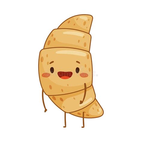 Cute Croissant Character With Happy Emotions Face Smile Eyes Arms