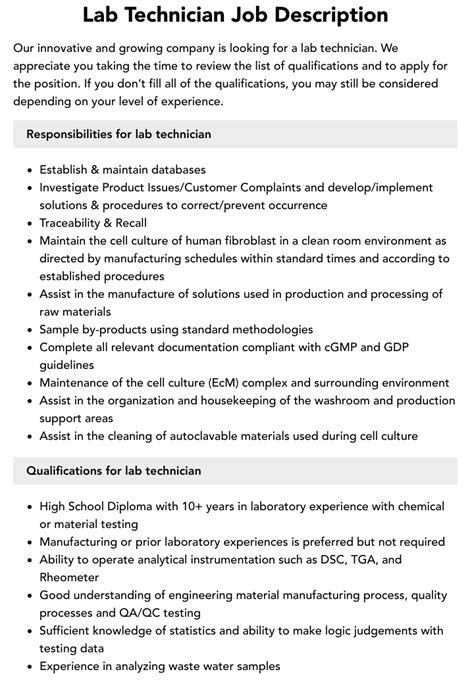 Lab Technician Job Description Velvet Jobs