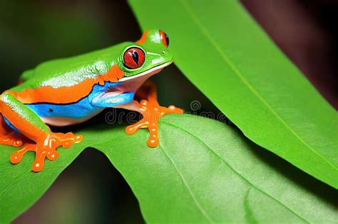 Beautiful Red Eyed Tree Frog With Orange Sides And Blue Belly Stock