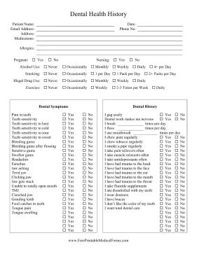 Printable Dental Health History Sheet