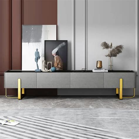 Mm Modern Grey Tv Stand Stone Top Minimalist Media Console With