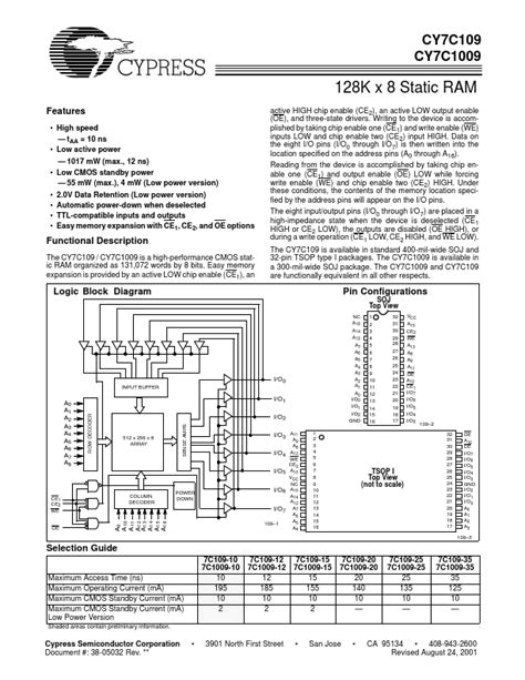 CY7C1009D Datasheet 1 Mbit 128 K X 8 Static RAM