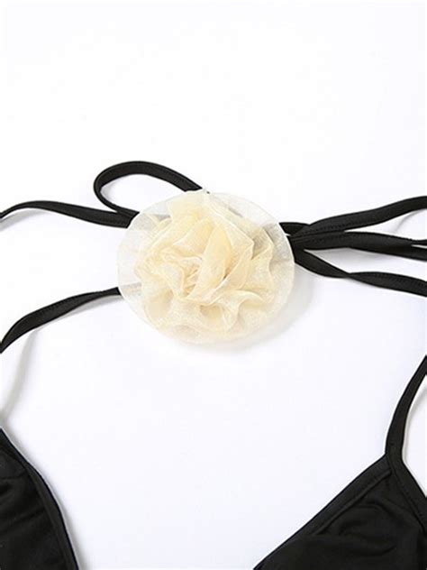 Emmiol Kostenloser Versand Blumenverziertes Neckholder Bikini Set Schwarz S Von Bikinis Im