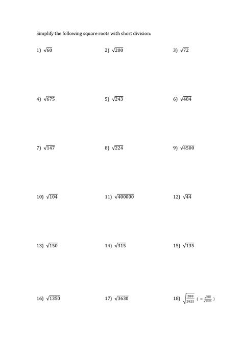 Simplifying Square Roots Worksheet