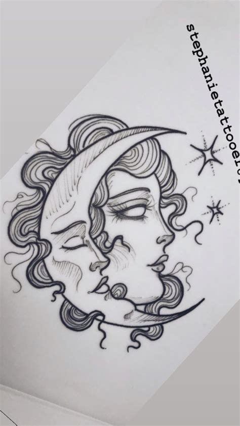 A Drawing Of A Woman S Face With A Crescent Moon And Stars On It