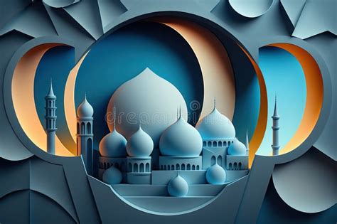 Paper Art Mosque And Crescent Islamic Moon Ramadan Concept Stock