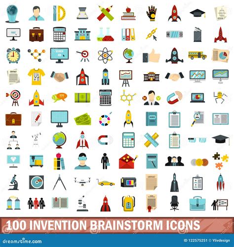 100 Invention Brainstorm Icons Set Flat Style Stock Vector