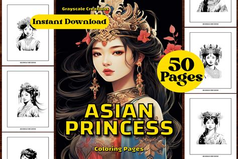 50 Asian Princess Coloring Page Book Graphic By Thegrayscalecreations