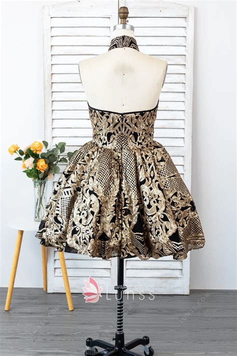 Black and Gold Sequin and Tulle Choker Neck Cocktail Gown - Lunss