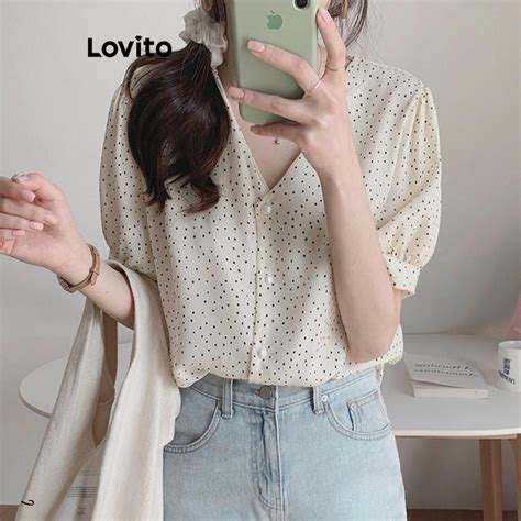 Lovito Casual Polka Dot Pearls Blouse For Women LNE39458 Apricot