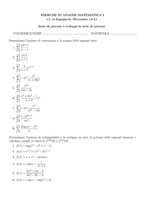 Esercizi An1 Serie Potenze E Sviluppi ESERCIZI DI ANALISI MATEMATICA