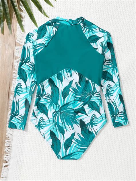 Shein Chicas Adolescentes Ba Ador Una Pieza Con Estampado Tropical Con