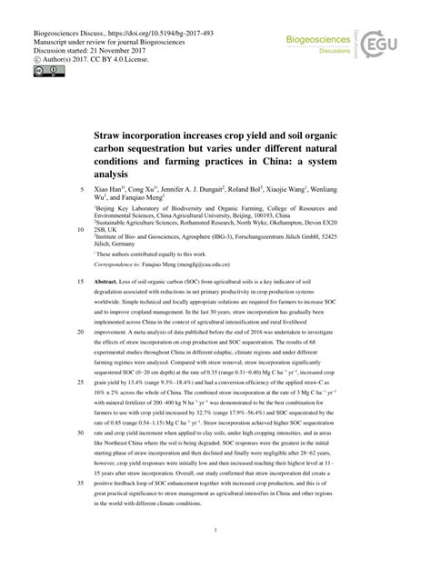 Pdf Straw Incorporation Increases Crop Yield And Soil Organic Carbon