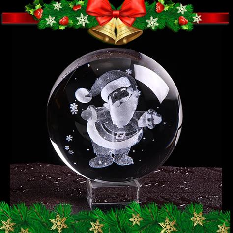 80mm Laser Engraved Santa Claus Crystal Ball 3d Miniature Glass Ball Christmas Decorating Sphere