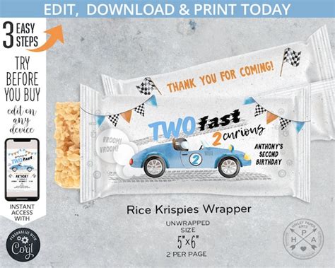 Vintage Blue Race Car Rice Krispies Label Two Fast Sports Speed Racing Labels Favors Krispy