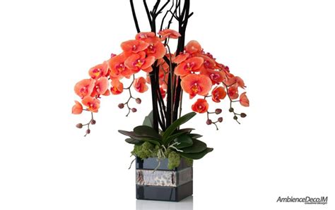 Real Touch Orange Orchids Display Preserved Floral Arrangements