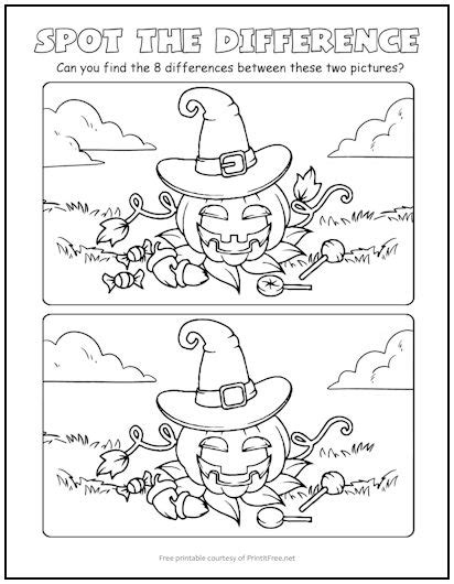 Halloween Pumpkin Spot the Difference Picture Puzzle | Print it Free | Halloween worksheets ...