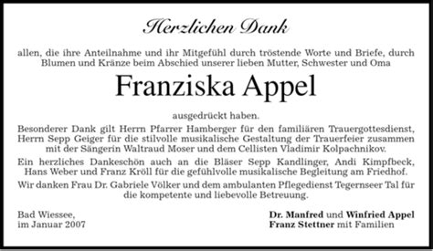 Traueranzeigen Von Franziska Appel Trauer Merkur De