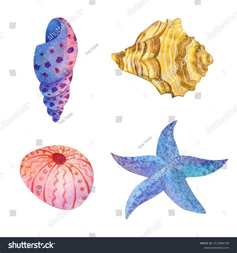 Watercolor Set Underwater Life Seashells Starfish Stock Illustration