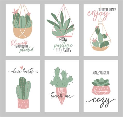 Vector Set Of Cozy Cute Posters With Cactus And Succulent Isolated On A