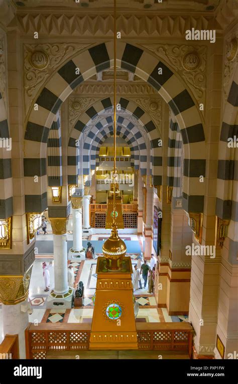 AL MADINA, SAUDI ARABIA-CIRCA 2014: Interior top view of Masjid Nabawi ...