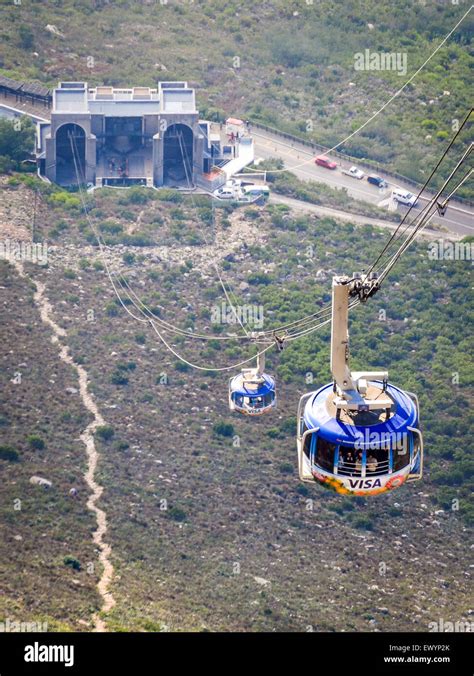 Cable car of the Table Mountain aerial cableway, Cape Town, rising in ...