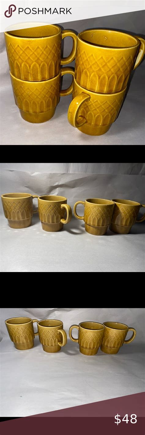 Vintage Gold Drip Pottery Mcm Set Of Four Stackable Coffee Mugs Made In