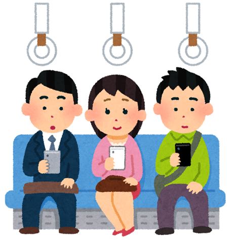 無料イラスト かわいいフリー素材集 電車でスマートフォンを使う人たちのイラスト