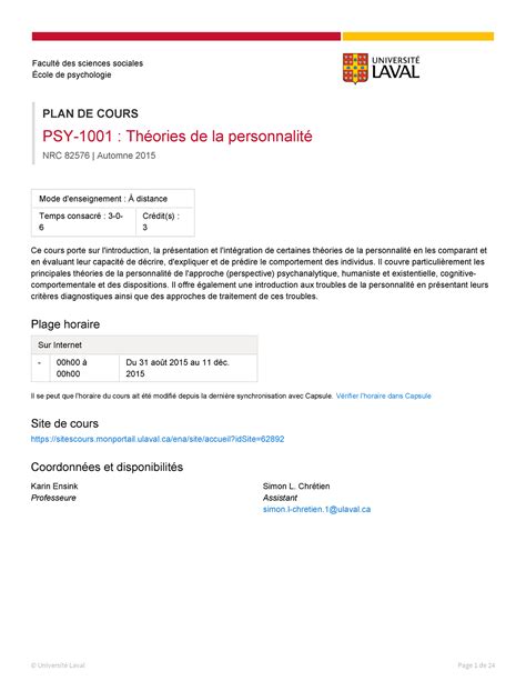 PSY 1001 A15 82576 plan de cours Faculté des sciences sociales