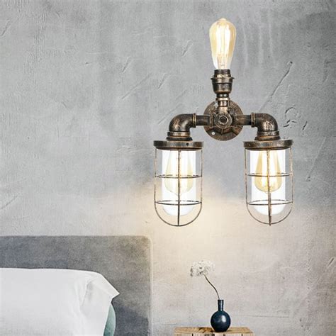 3 Heads Water Pipe Wall Mount Fixture With Cage Shade Nautical Style A