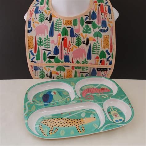 Lot assiette à compartiments et bavoir pour bébé Jungle Accessoires