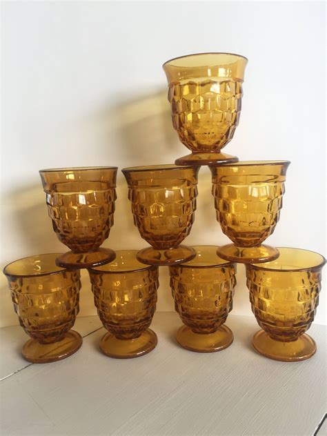 Vintage Set Of 8 Indiana Whitehall Amber Drinking Glasses Etsy