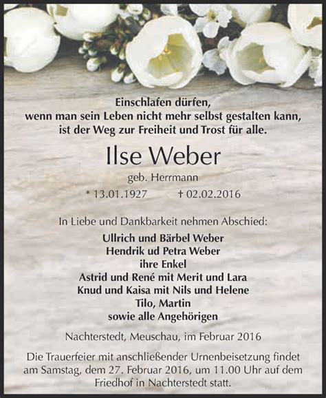 Traueranzeigen Von Ilse Weber Abschied Nehmen De