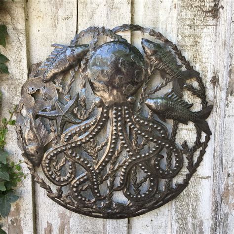 Octopus With Fish Recycled Metal Ocean Wall Art Haitian Art Indoor