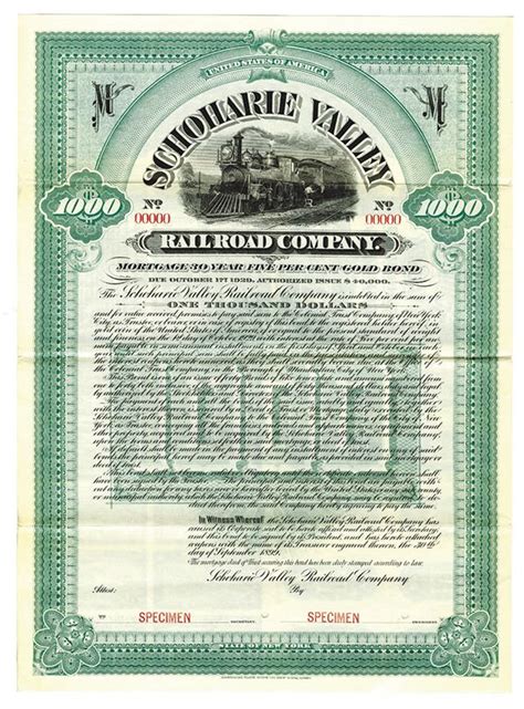 Schoharie Valley Railroad Co 1899 Specimen Bond