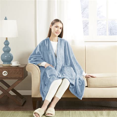 Table And Wearable Angel Wrap Plush Throw Blanket With Pockets Blue