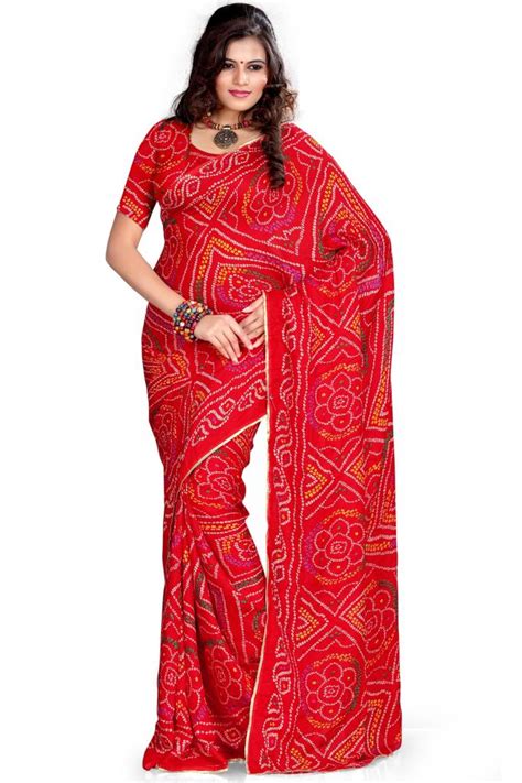 Buy Red Printed Chiffon Georgette Synthetic Saree Without Blouse Online