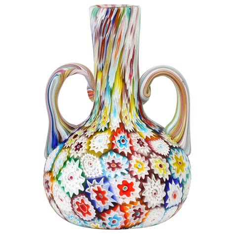 Murano Italian Hand Blown Twin Handled Bottle Shaped Millefiori Art