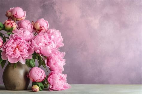 Premium AI Image | A bouquet of pink peonies on a wooden table