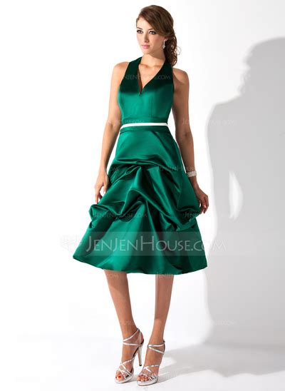 A Line Princess Halter Knee Length Satin Bridesmaid Dress With Ruffle