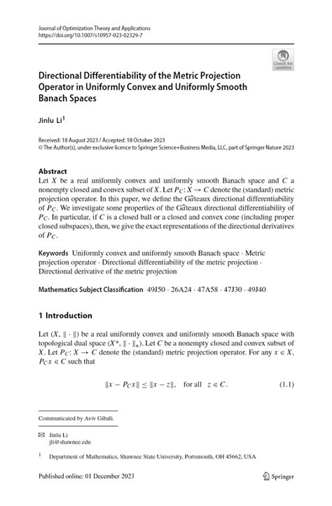 Pdf Directional Differentiability Of The Metric Projection Operator