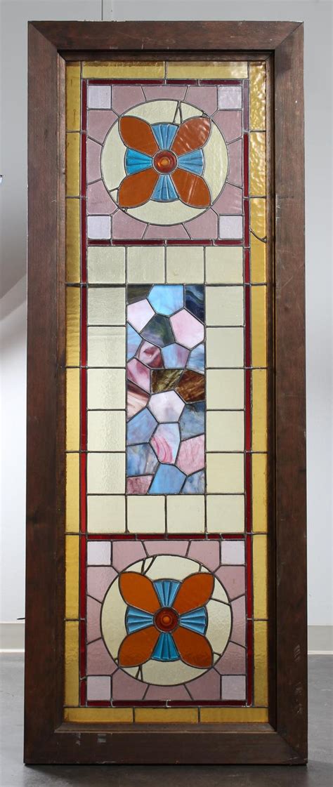 Large Rectangular Leaded And Stained Glass Window Two Roun