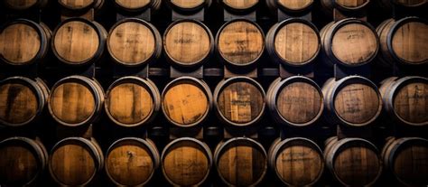 Wooden Wine Barrels Stacked In A Winery Cellar Premium AI Generated Image